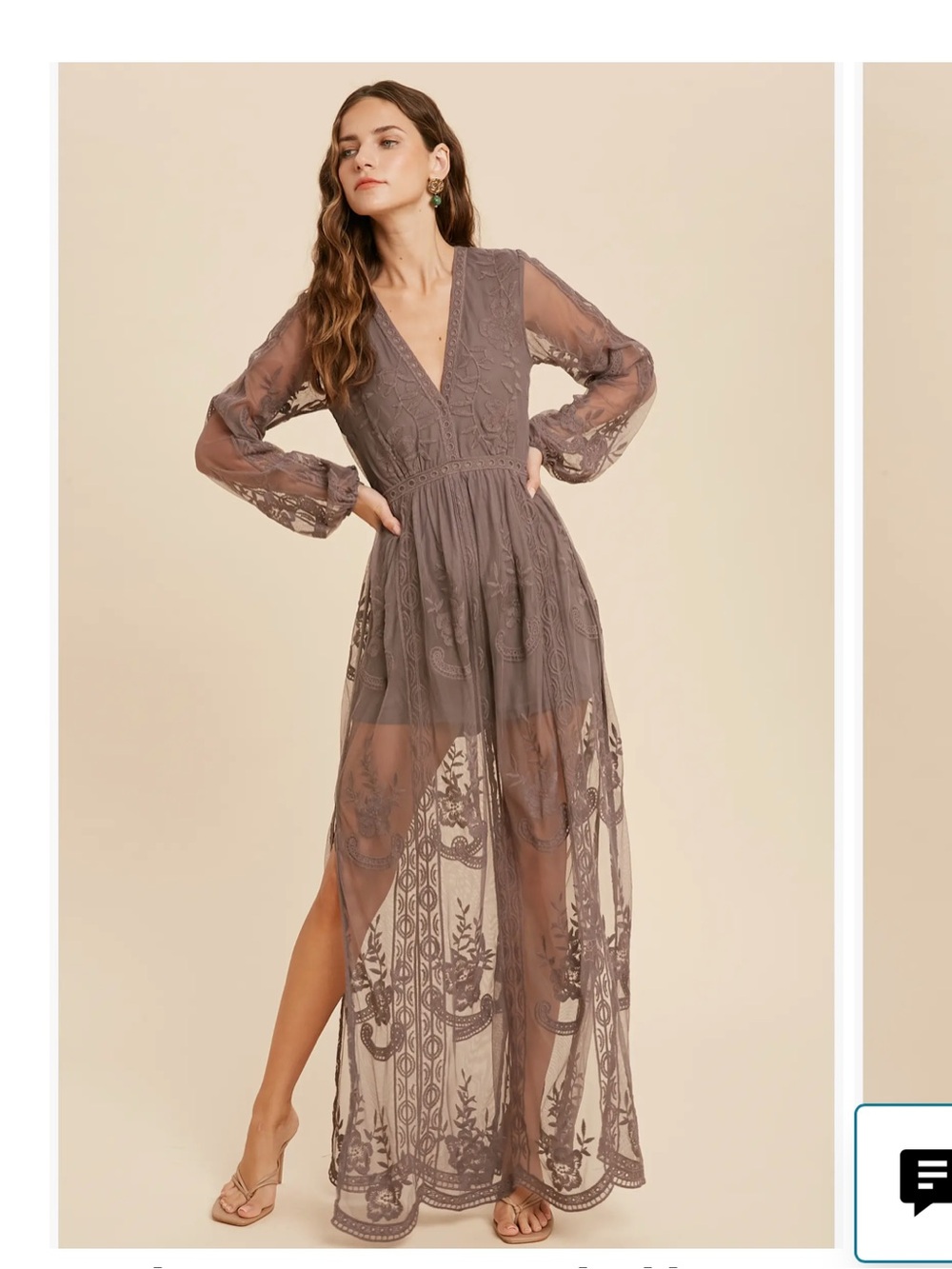 Wishlist Taupe Lace Sheer Maxi Dress with V-Neck